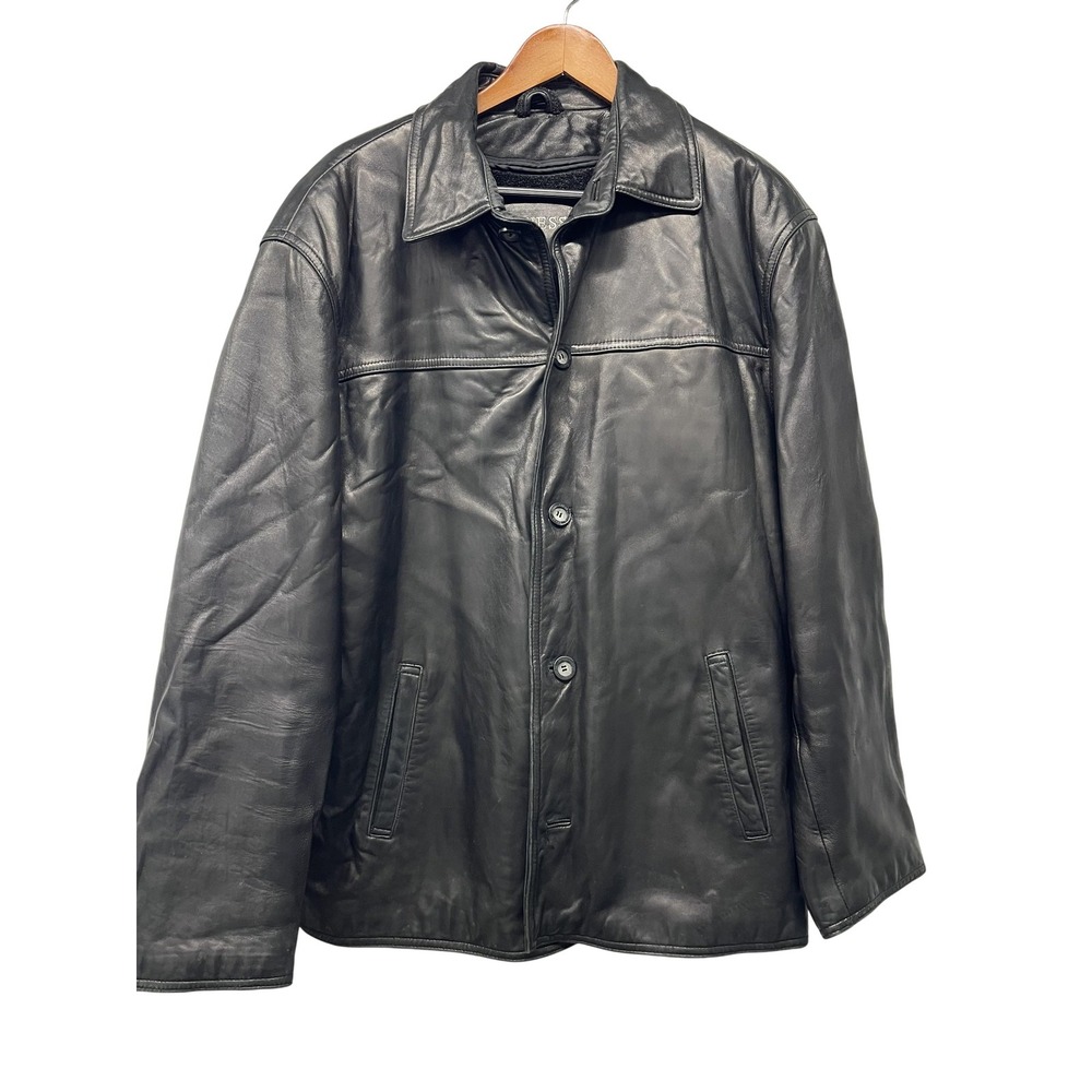 Guess Leather Jacket Mens XL Black Button Front Fleece Lined Outerwear Coat